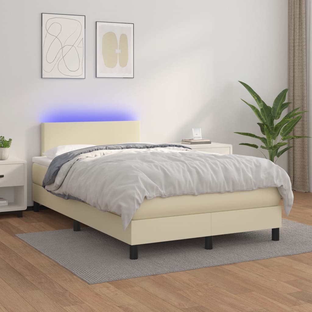 Box Spring Postel S Matrací A Led Krémová 120X200 Cm Umělá Kůže