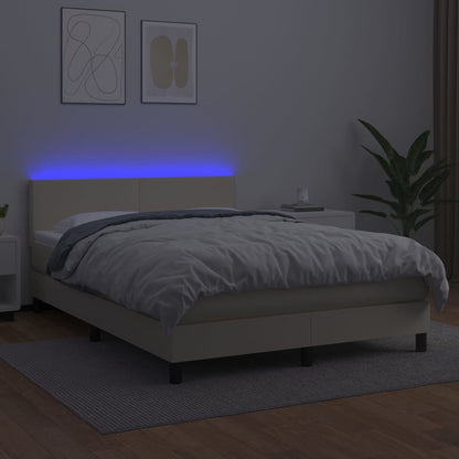 Box Spring Postel S Matrací A Led Krémová 140X190 Cm Umělá Kůže