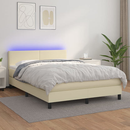 Box Spring Postel S Matrací A Led Krémová 140X190 Cm Umělá Kůže