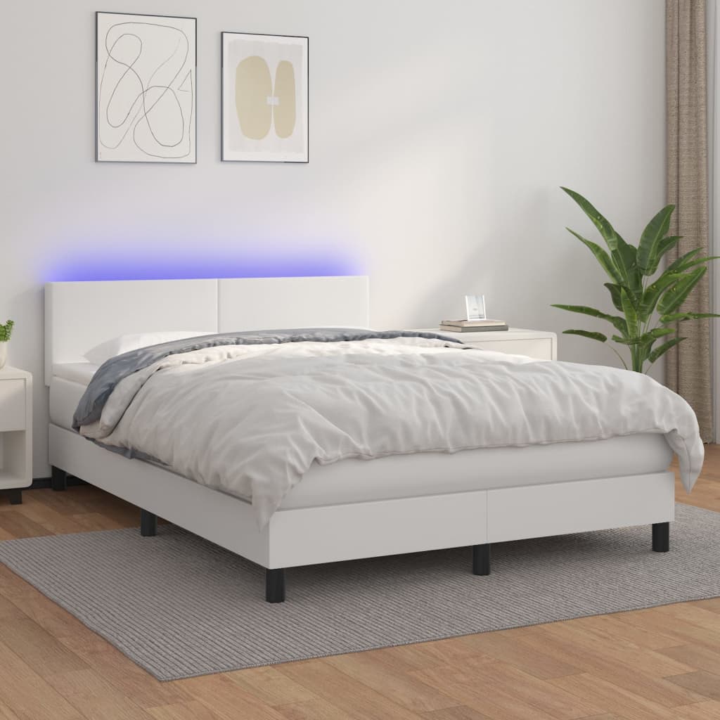 Box Spring Postel S Matrací A Led Umělá Kůže Bílá