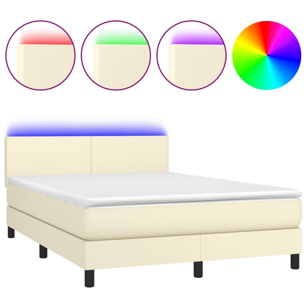 Box Spring Postel S Matrací A Led Krémová 140X200 Cm Umělá Kůže