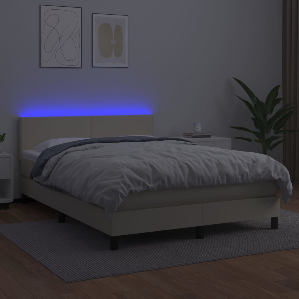 Box Spring Postel S Matrací A Led Krémová 140X200 Cm Umělá Kůže