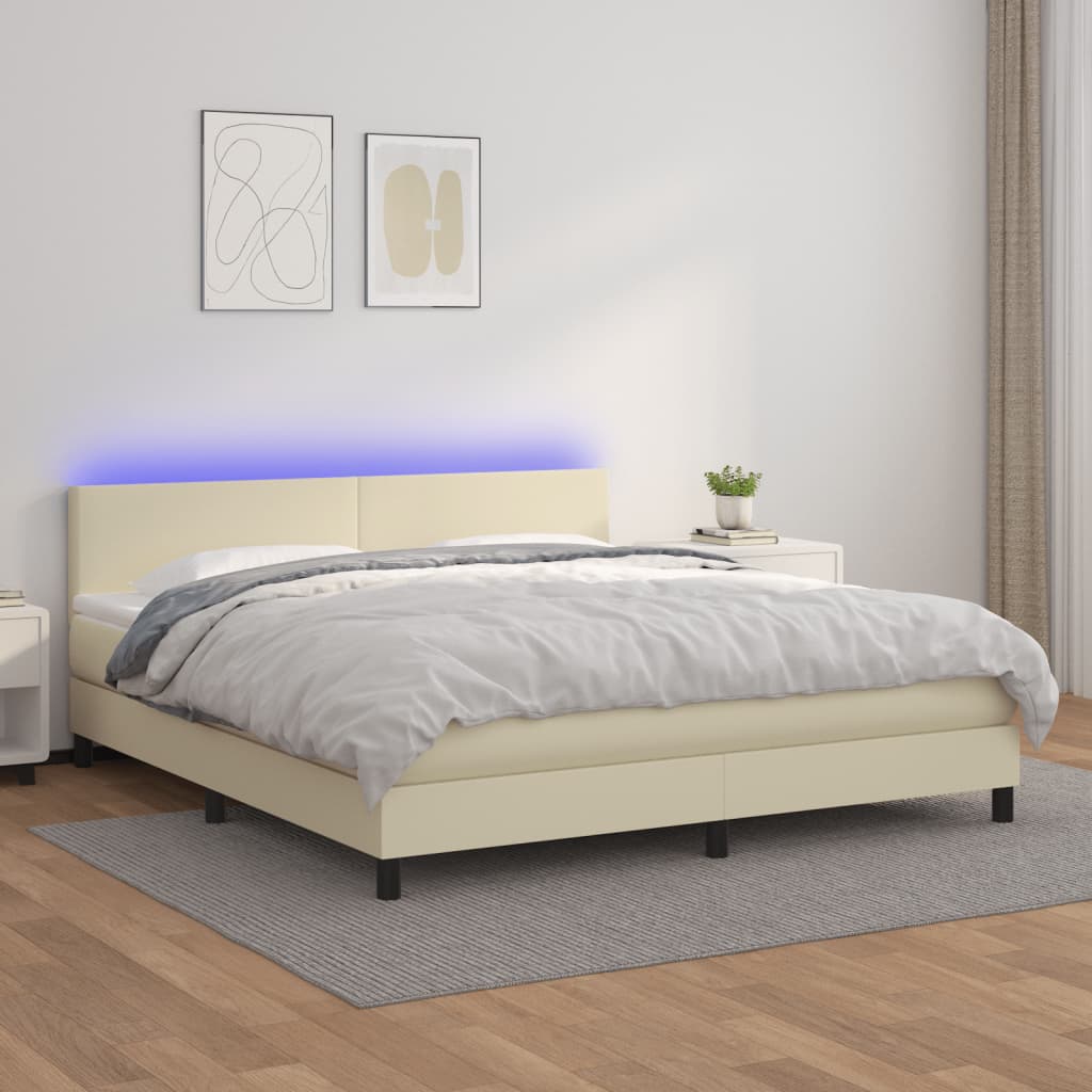 Box Spring Postel S Matrací A Led Krémová 160X200 Cm Umělá Kůže