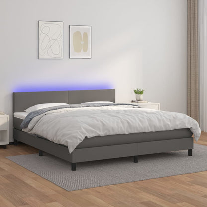 Box Spring Postel S Matrací A Led Šedá Umělá Kůže Šedá