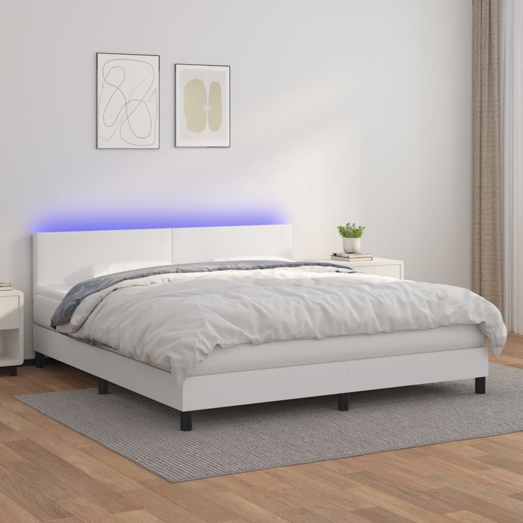Box Spring Postel S Matrací A Led Umělá Kůže Bílá