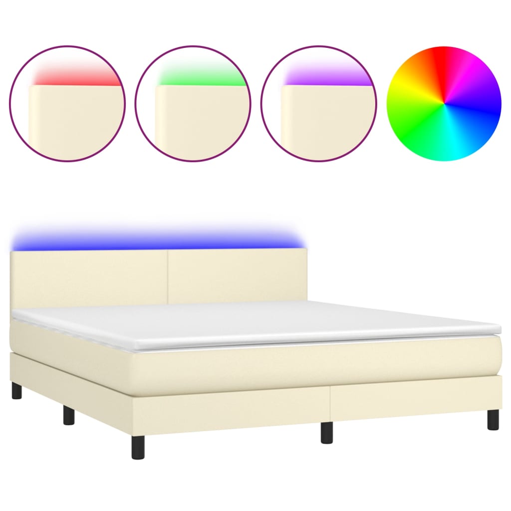 Box Spring Postel S Matrací A Led Krémová 180X200Cm Umělá Kůže