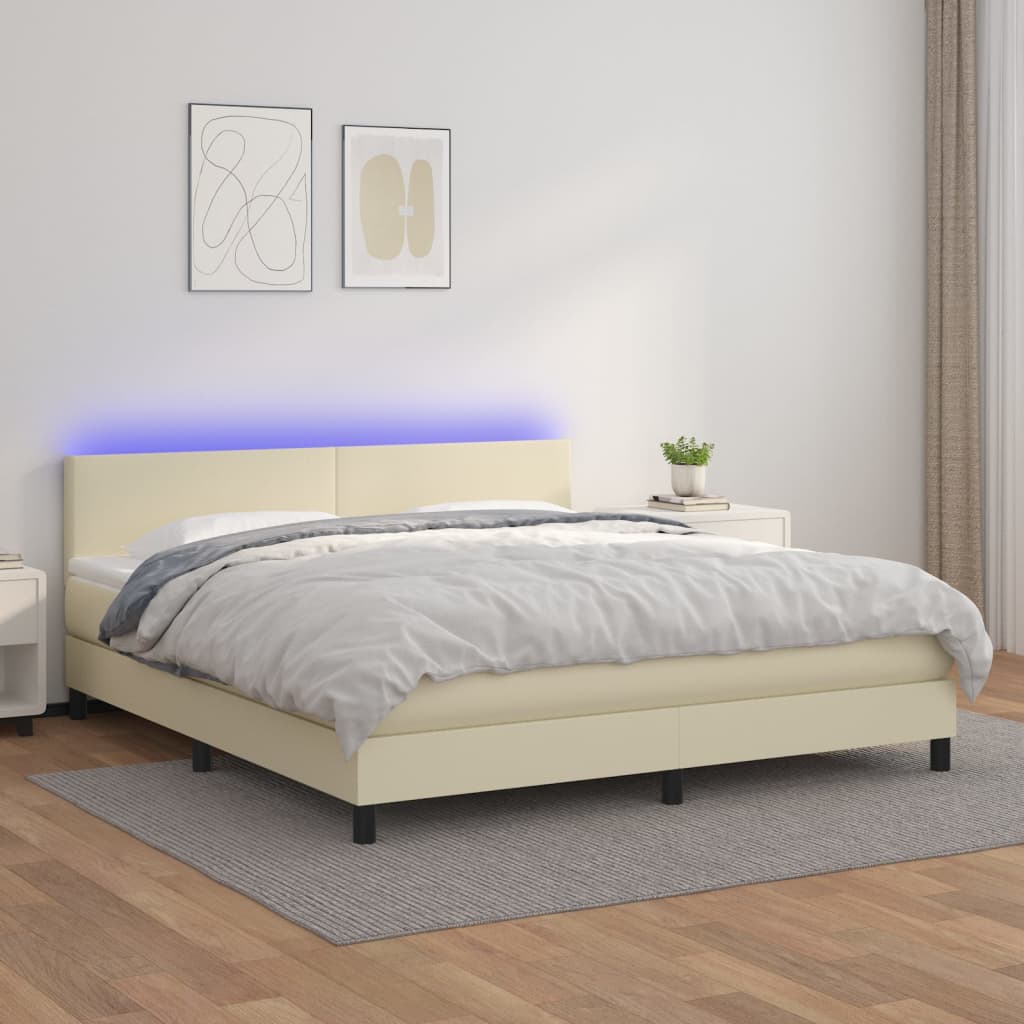 Box Spring Postel S Matrací A Led Krémová 180X200Cm Umělá Kůže