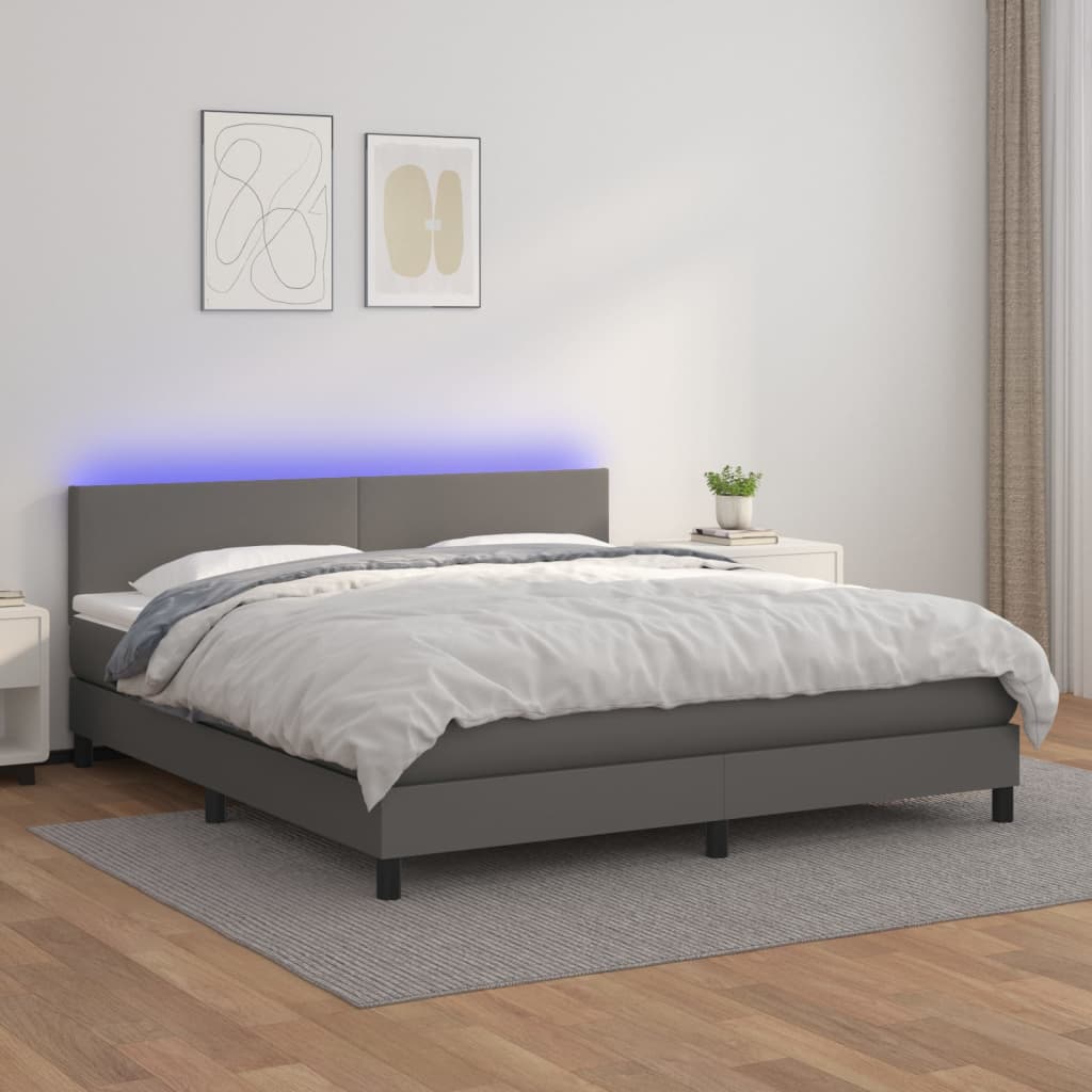 Box Spring Postel S Matrací A Led Šedá Umělá Kůže Šedá