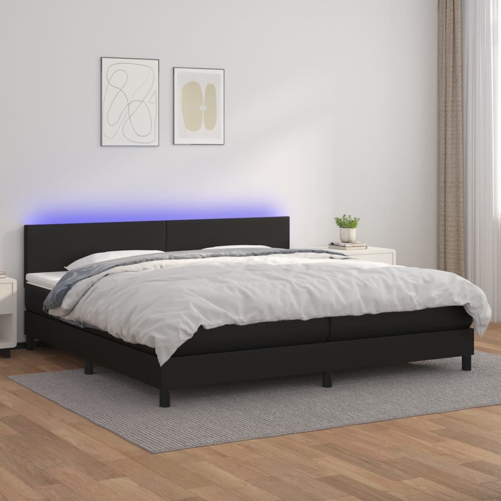Box Spring Postel S Matrací A Led Černá Umělá Kůže Černá