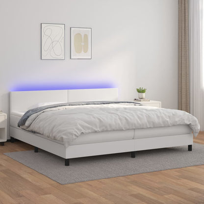 Box Spring Postel S Matrací A Led Umělá Kůže Bílá