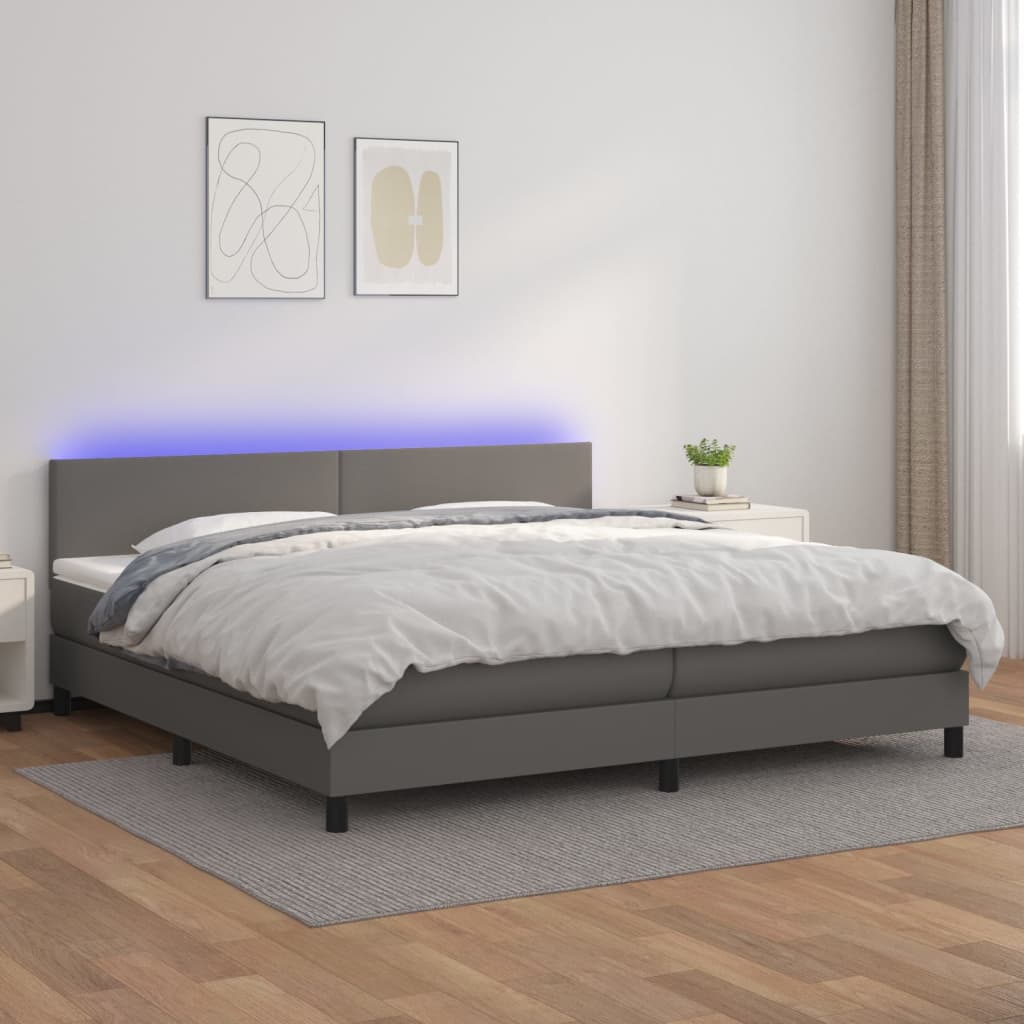 Box Spring Postel S Matrací A Led Šedá Umělá Kůže Šedá