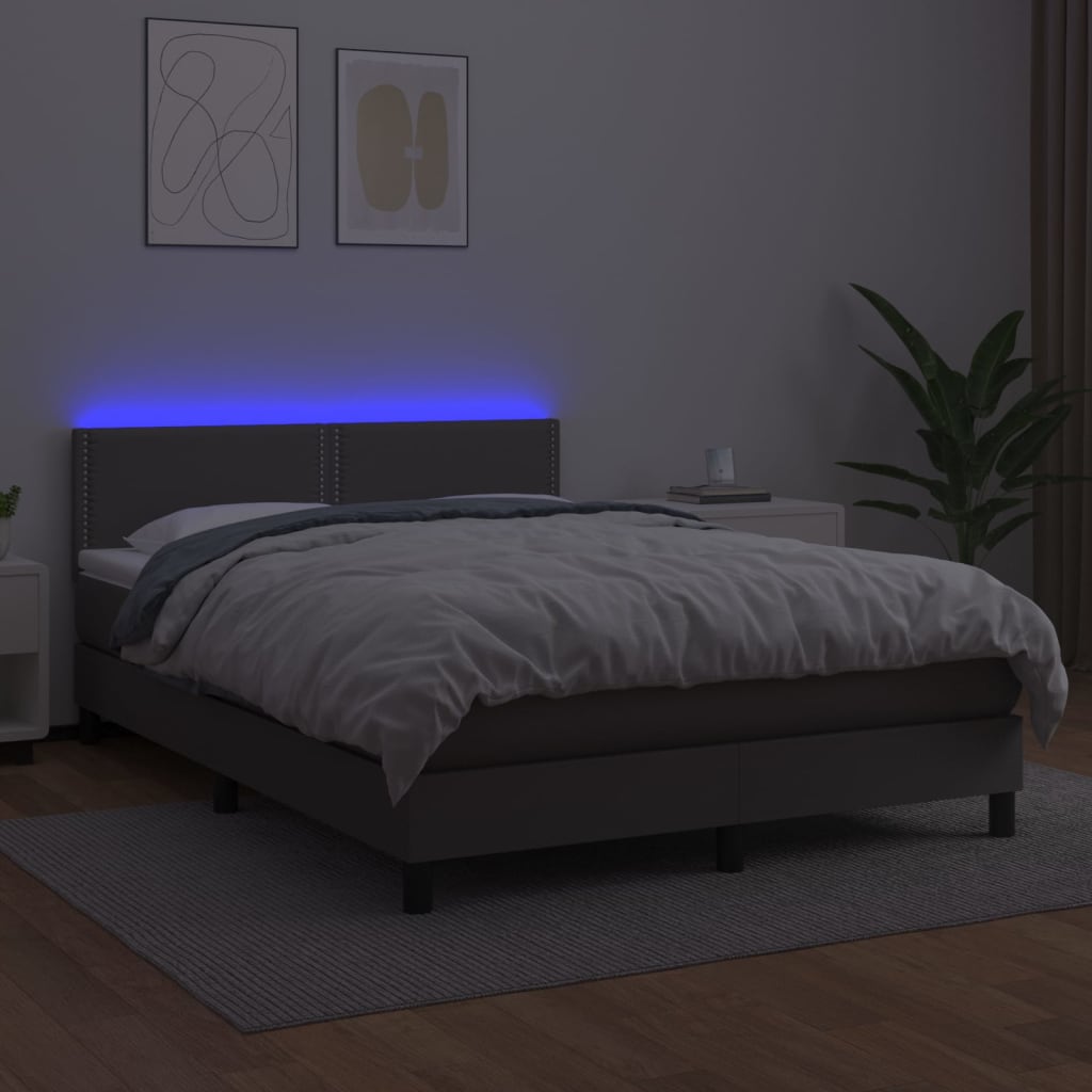 Box Spring Postel S Matrací A Led Šedá Umělá Kůže Šedá