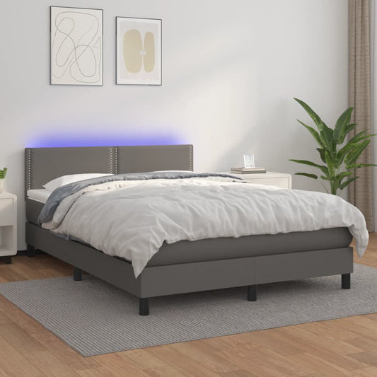 Box Spring Postel S Matrací A Led Šedá Umělá Kůže Šedá