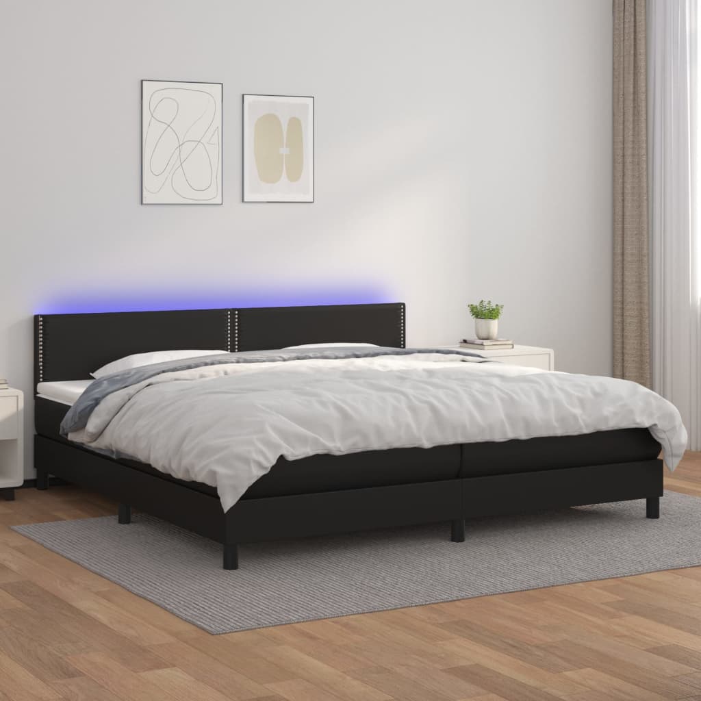 Box Spring Postel S Matrací A Led Černá Umělá Kůže Černá