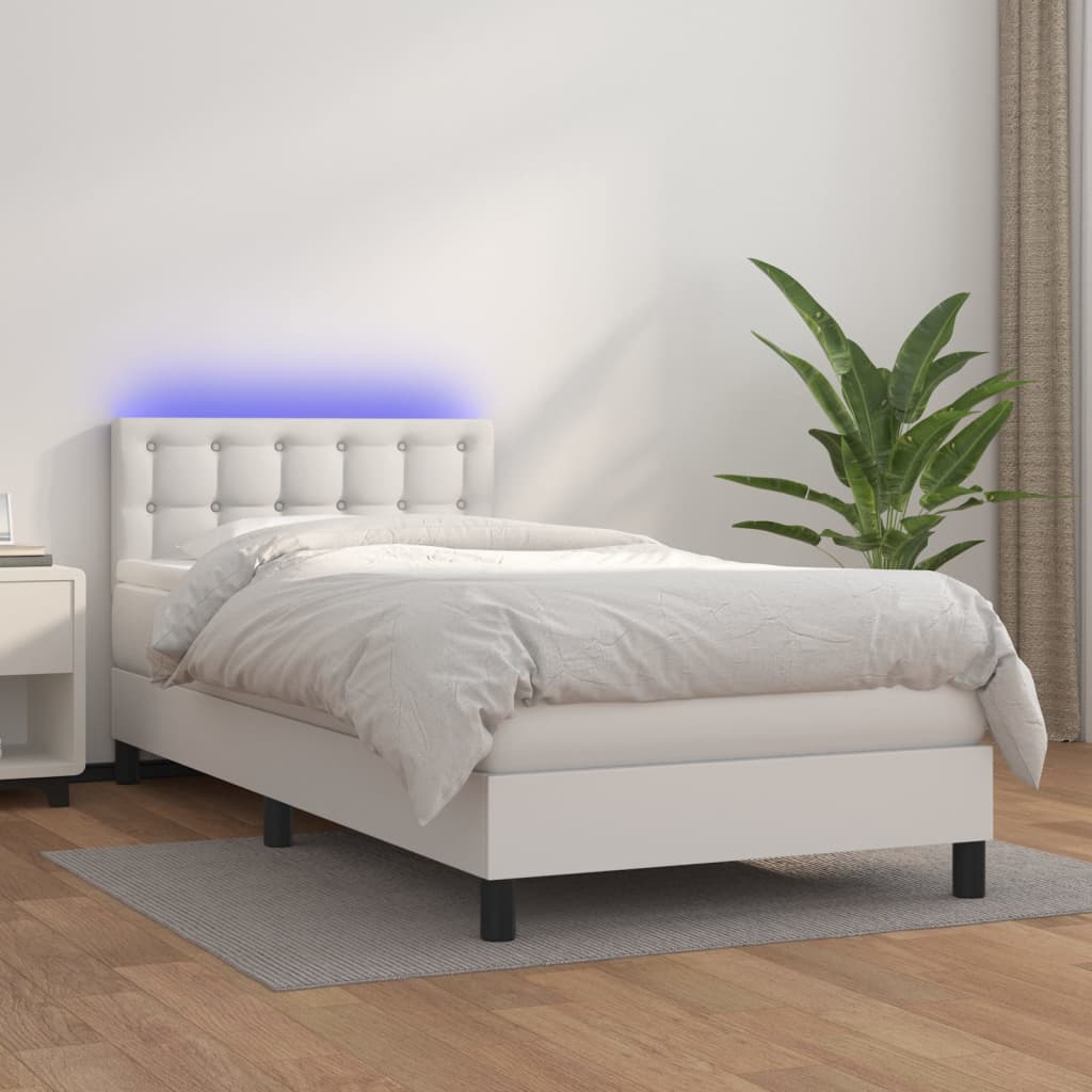 Box Spring Postel S Matrací A Led Umělá Kůže Bílá