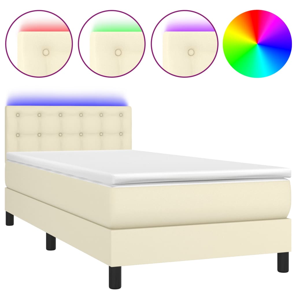Box Spring Postel S Matrací A Led Krémová 90X190 Cm Umělá Kůže
