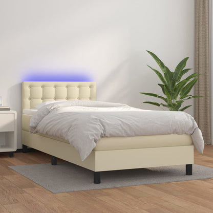 Box Spring Postel S Matrací A Led Krémová 90X190 Cm Umělá Kůže