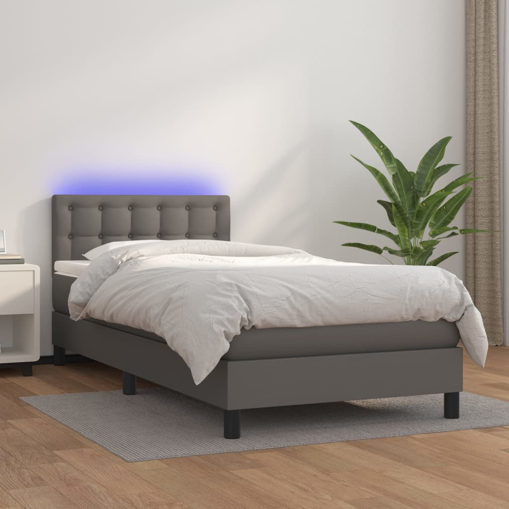 Box Spring Postel S Matrací A Led Šedá Umělá Kůže Šedá