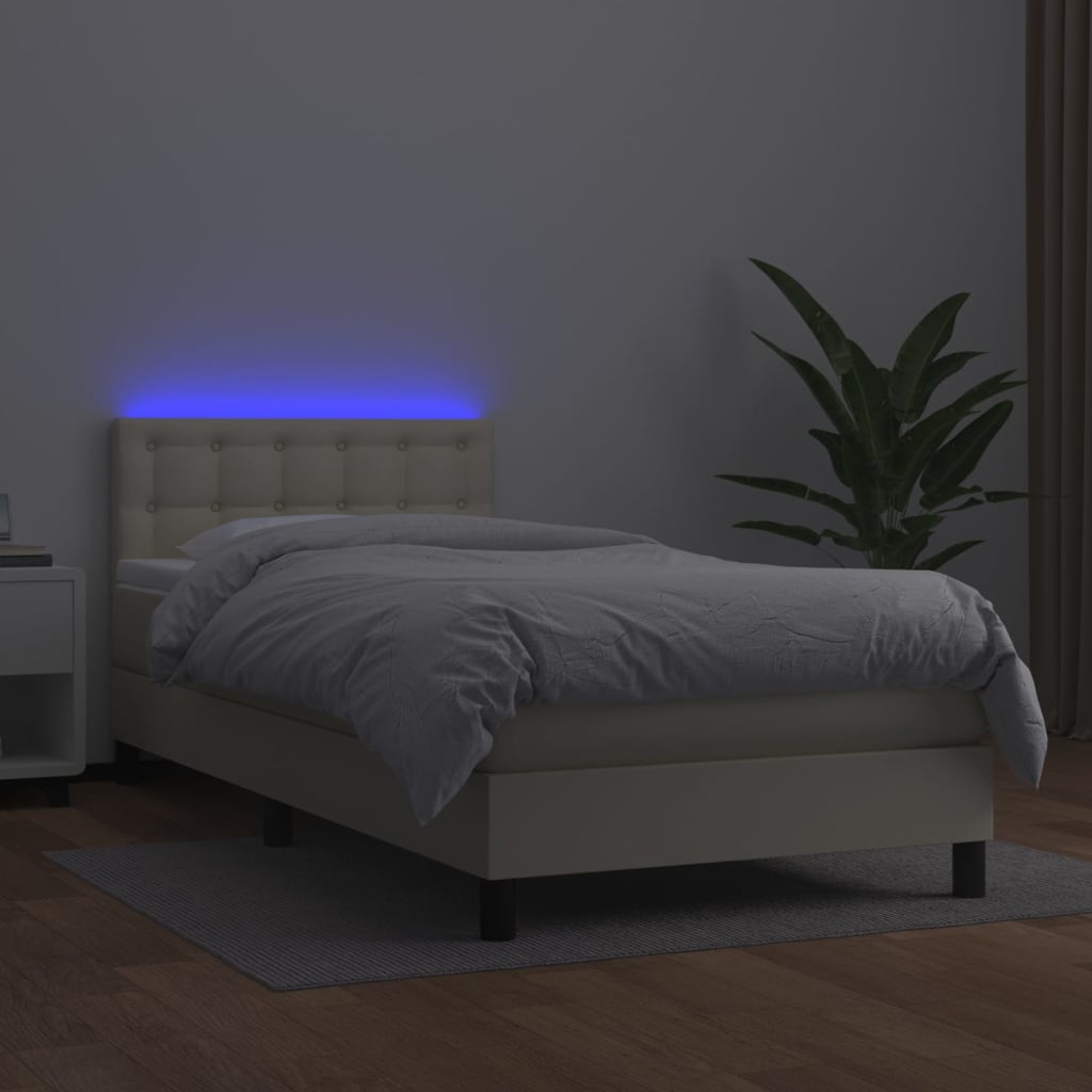 Box Spring Postel S Matrací A Led Krémová 90X200 Cm Umělá Kůže
