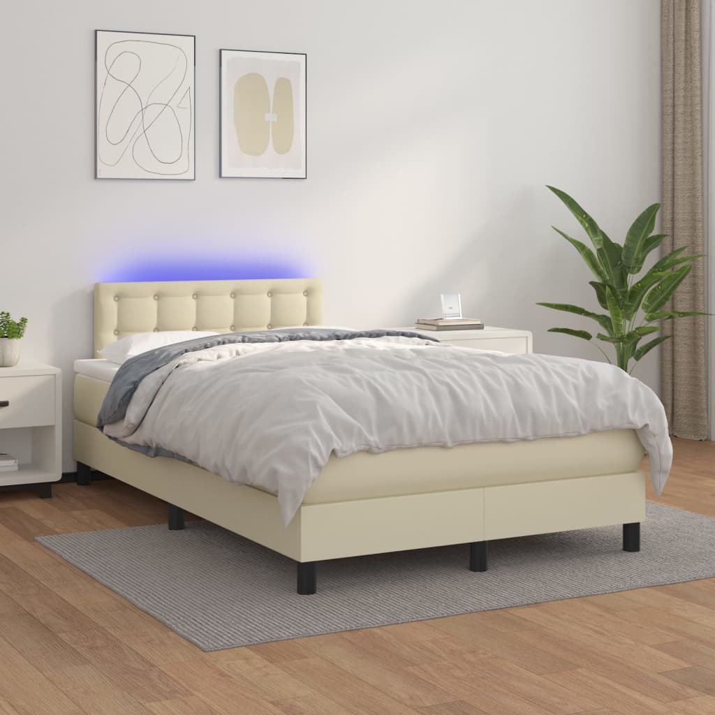 Box Spring Postel S Matrací A Led Krémová 120X200 Cm Umělá Kůže