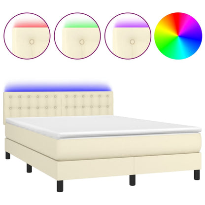 Box Spring Postel S Matrací A Led Krémová 140X190 Cm Umělá Kůže