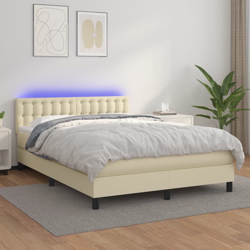 Box Spring Postel S Matrací A Led Krémová 140X190 Cm Umělá Kůže