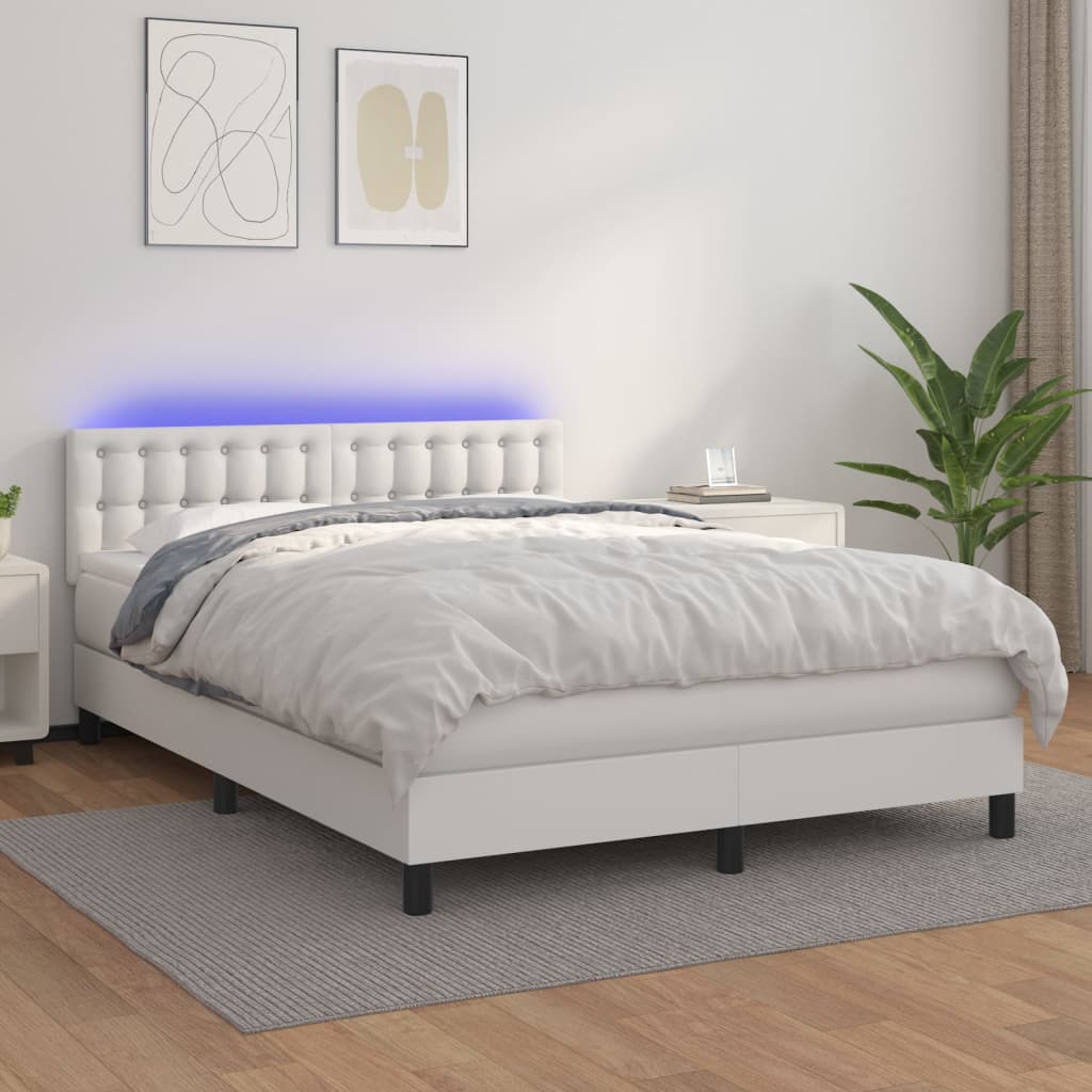 Box Spring Postel S Matrací A Led Umělá Kůže Bílá