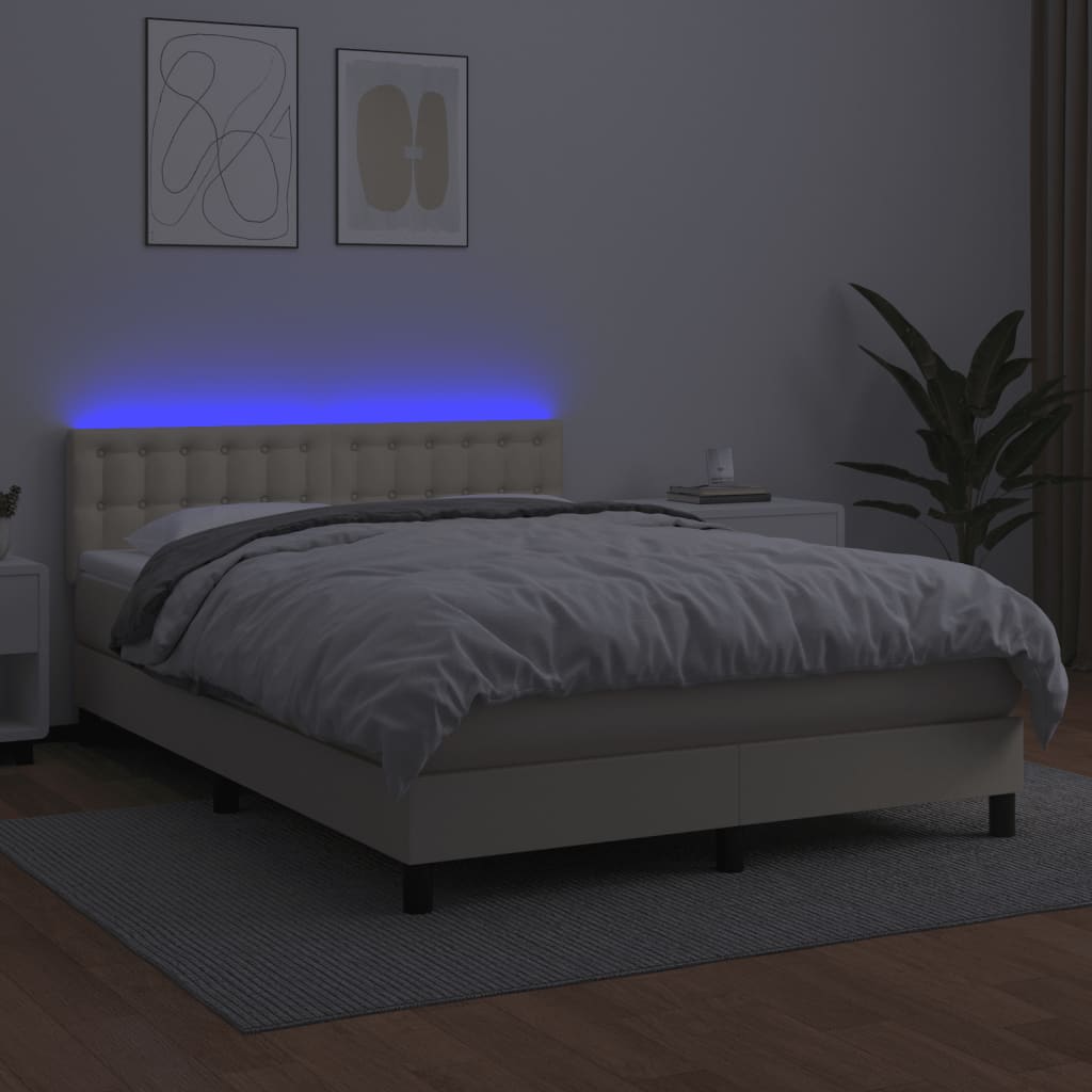 Box Spring Postel S Matrací A Led Krémová 140X200 Cm Umělá Kůže