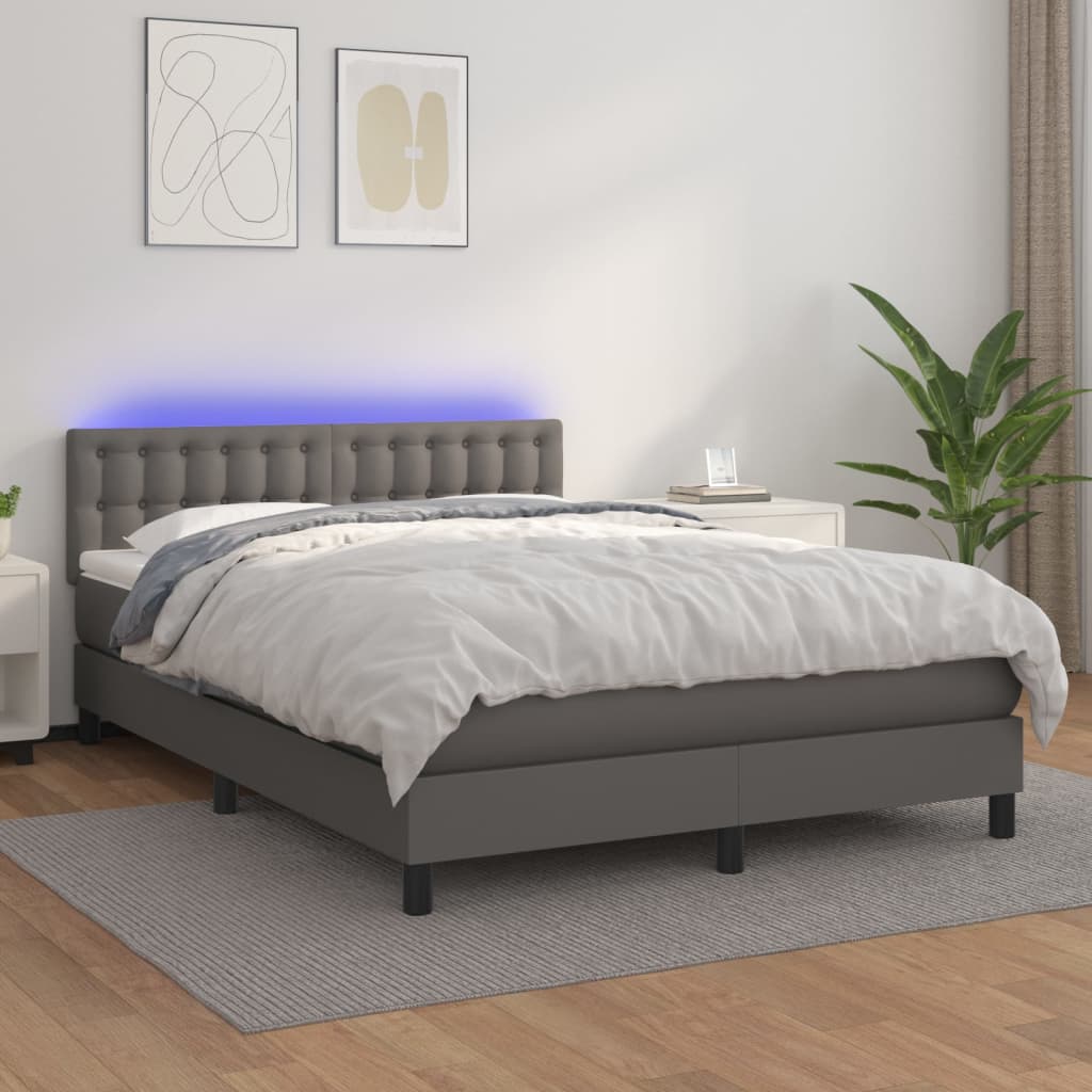 Box Spring Postel S Matrací A Led Šedá Umělá Kůže Šedá