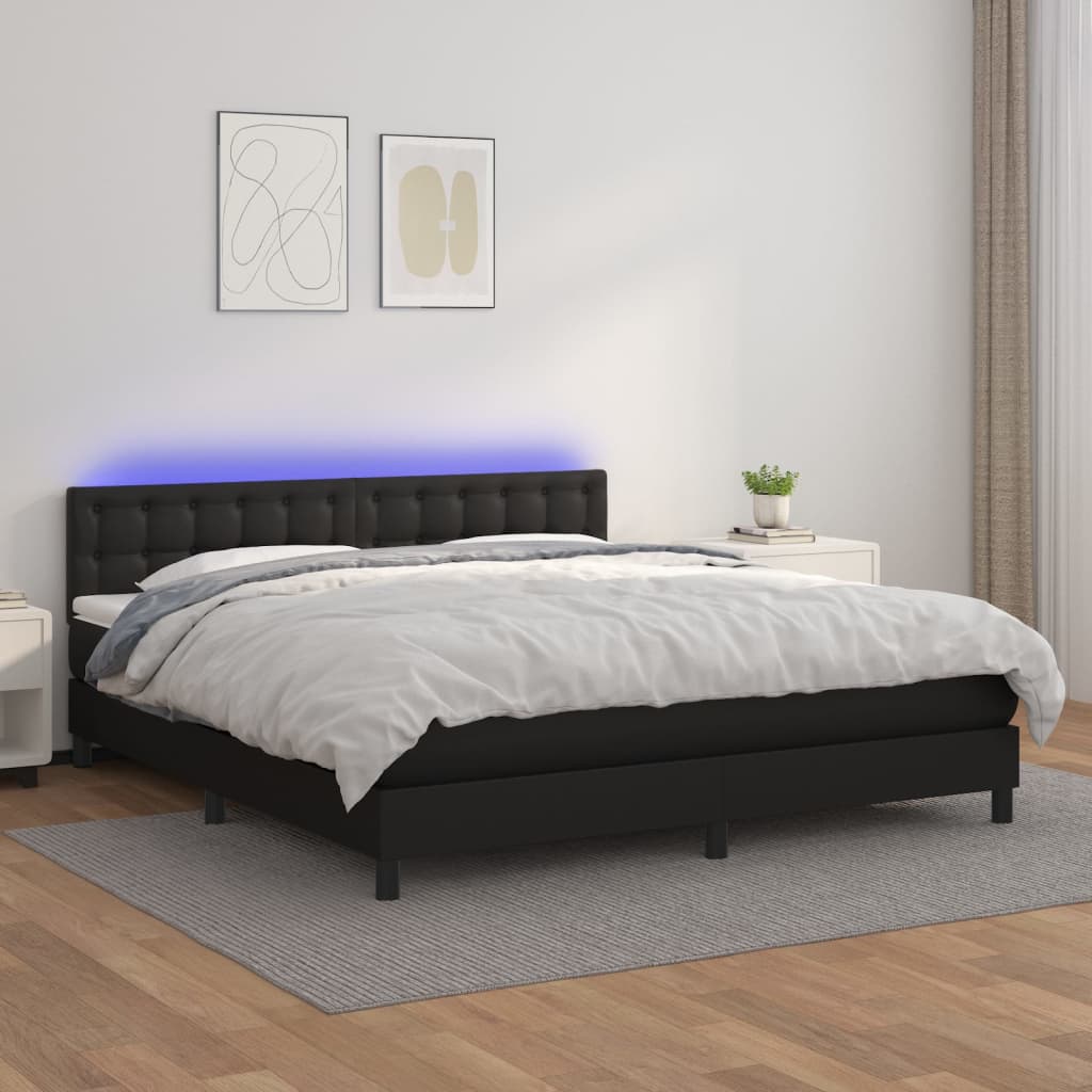 Box Spring Postel S Matrací A Led Černá Umělá Kůže Černá