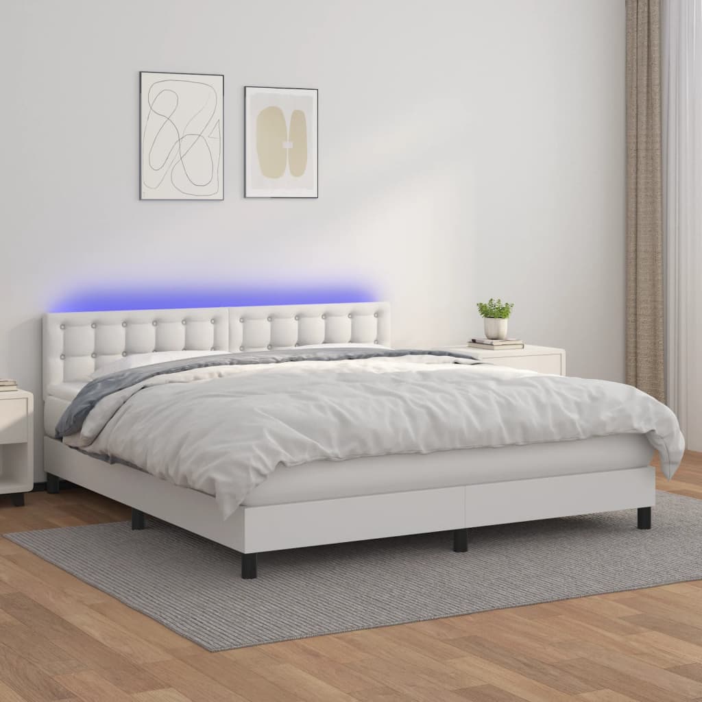 Box Spring Postel S Matrací A Led Umělá Kůže Bílá