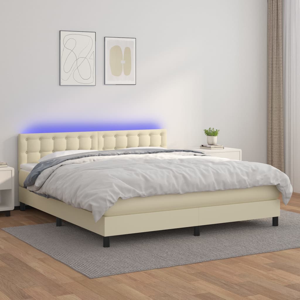 Box Spring Postel S Matrací A Led Krémová 160X200 Cm Umělá Kůže