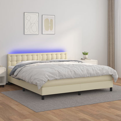 Box Spring Postel S Matrací A Led Krémová 160X200 Cm Umělá Kůže