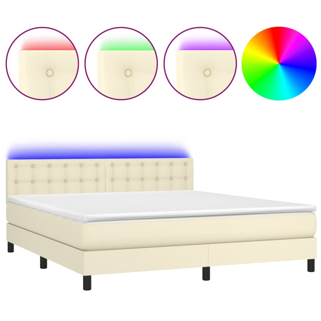 Box Spring Postel S Matrací A Led Krémová 180X200Cm Umělá Kůže