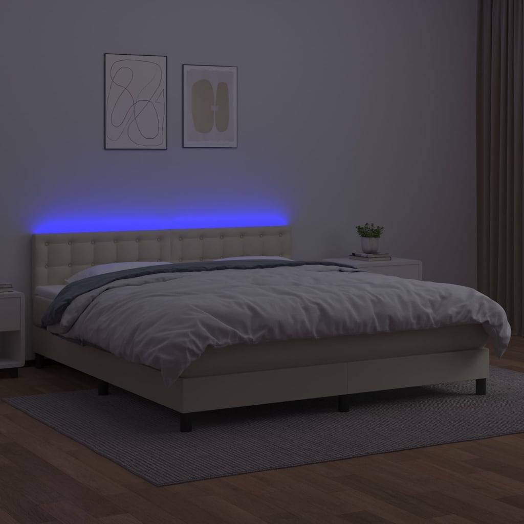 Box Spring Postel S Matrací A Led Krémová 180X200Cm Umělá Kůže