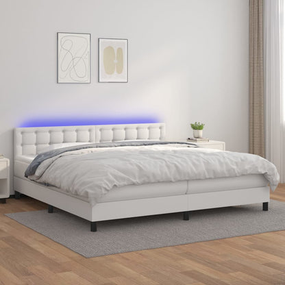 Box Spring Postel S Matrací A Led Umělá Kůže Bílá