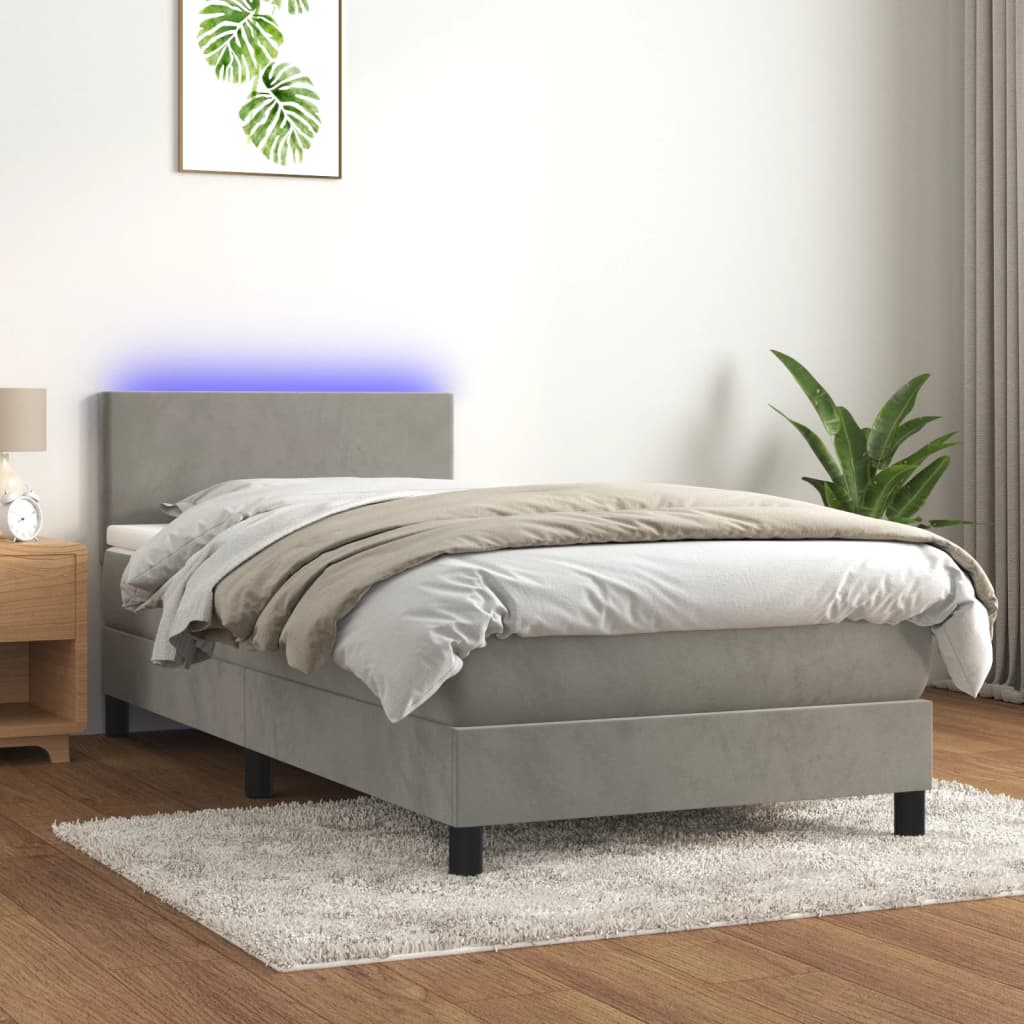 Box Spring Postel S Matrací A Led Světle Šedá 90X190 Cm Samet