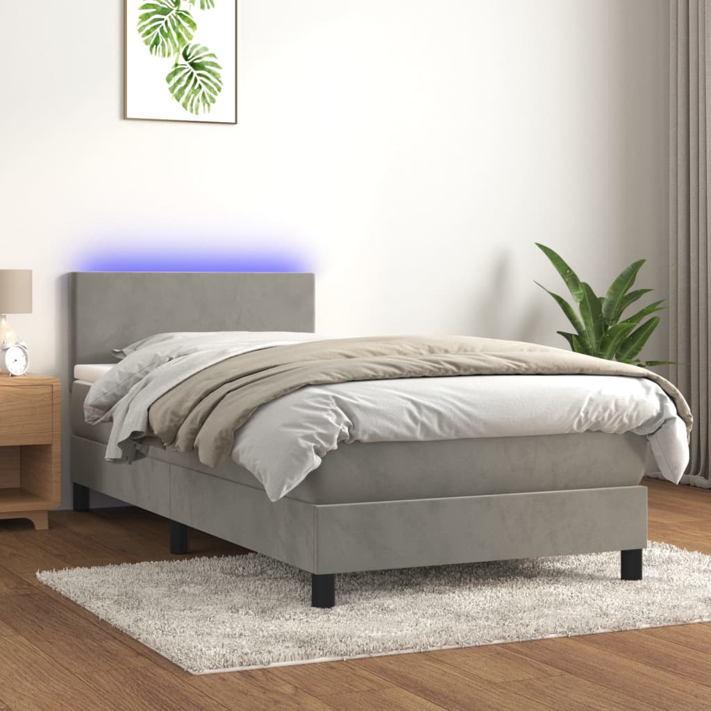 Box Spring Postel S Matrací A Led Světle Šedá 90X200 Cm Samet