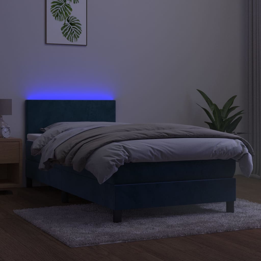 Box Spring Postel S Matrací A Led Tmavě Modrá 90X200 Cm Samet