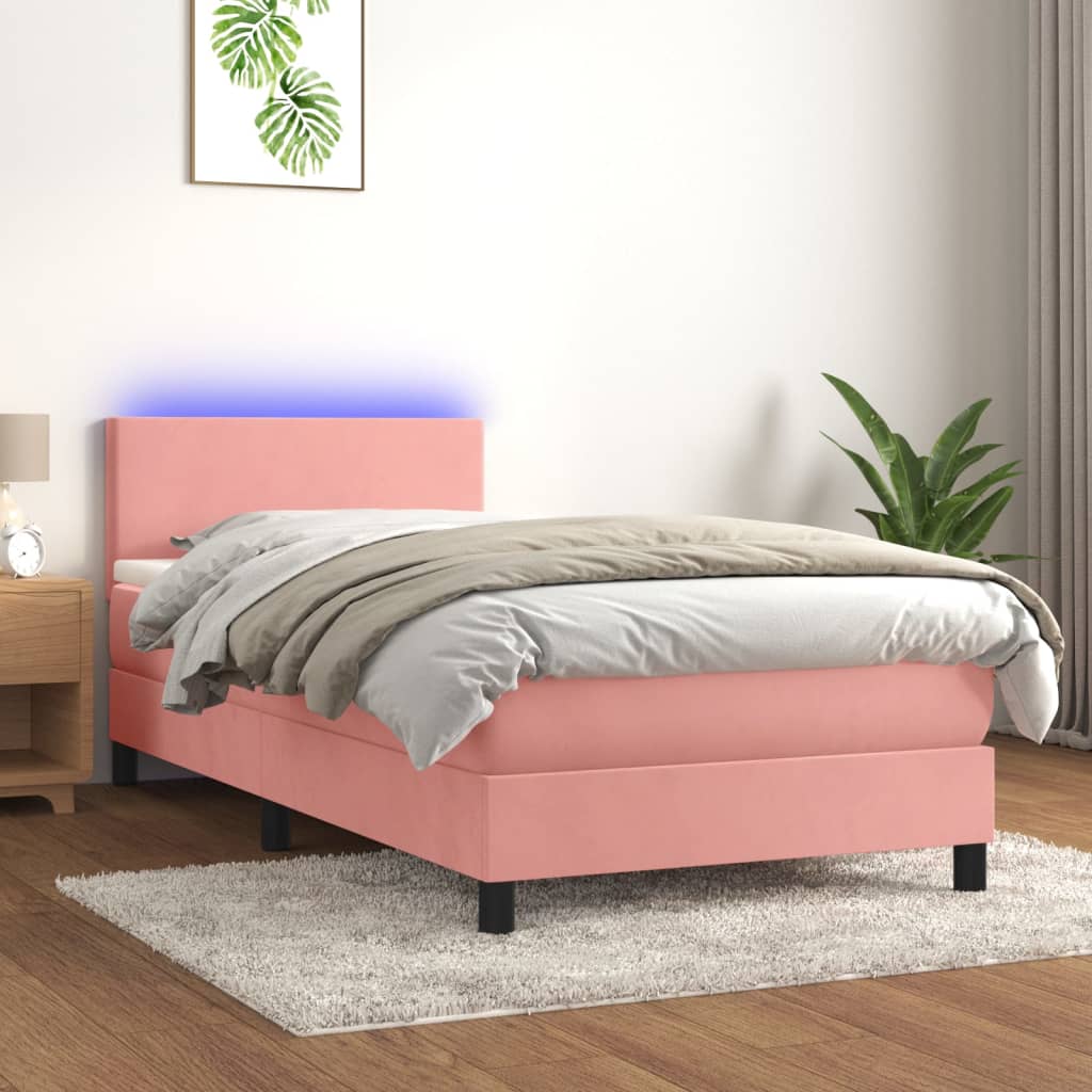Box Spring Postel S Matrací A Led Růžová 90X200 Cm Samet