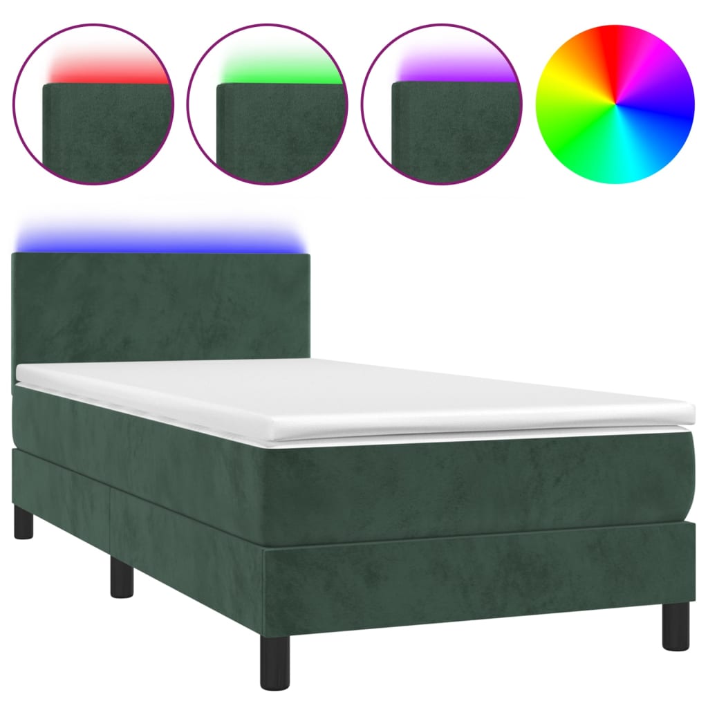 Box Spring Postel S Matrací A Led Tmavě Zelená 100X200 Cm Samet