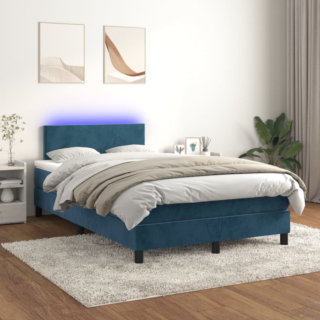 Box Spring Postel S Matrací A Led Tmavě Modrá 120X200 Cm Samet