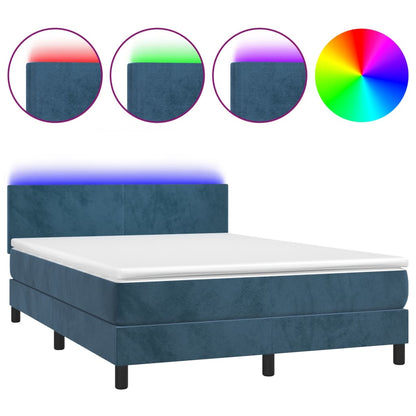 Box Spring Postel S Matrací A Led Tmavě Modrá 140X190 Cm Samet