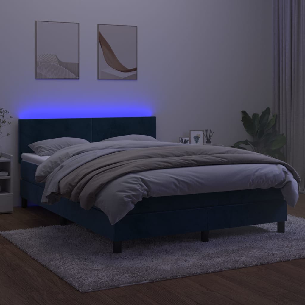Box Spring Postel S Matrací A Led Tmavě Modrá 140X190 Cm Samet