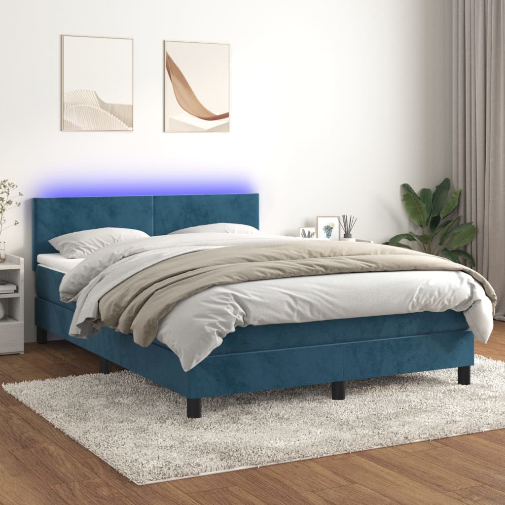 Box Spring Postel S Matrací A Led Tmavě Modrá 140X190 Cm Samet