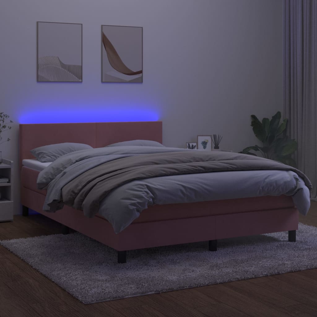 Box Spring Postel S Matrací A Led Růžová 140X190 Cm Samet