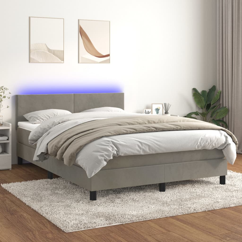 Box Spring Postel S Matrací A Led Světle Šedá 140X200 Cm Samet