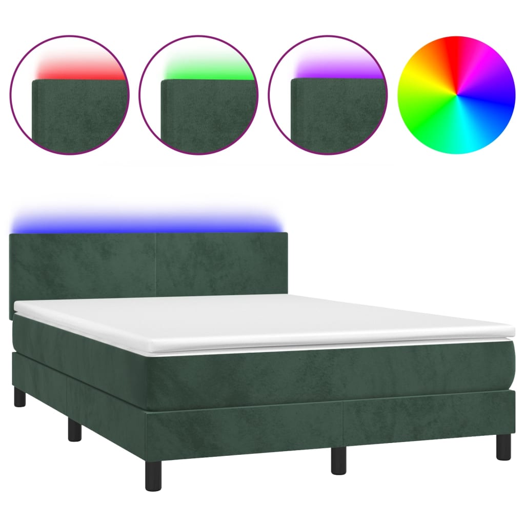 Box Spring Postel S Matrací A Led Tmavě Zelená 140X200 Cm Samet