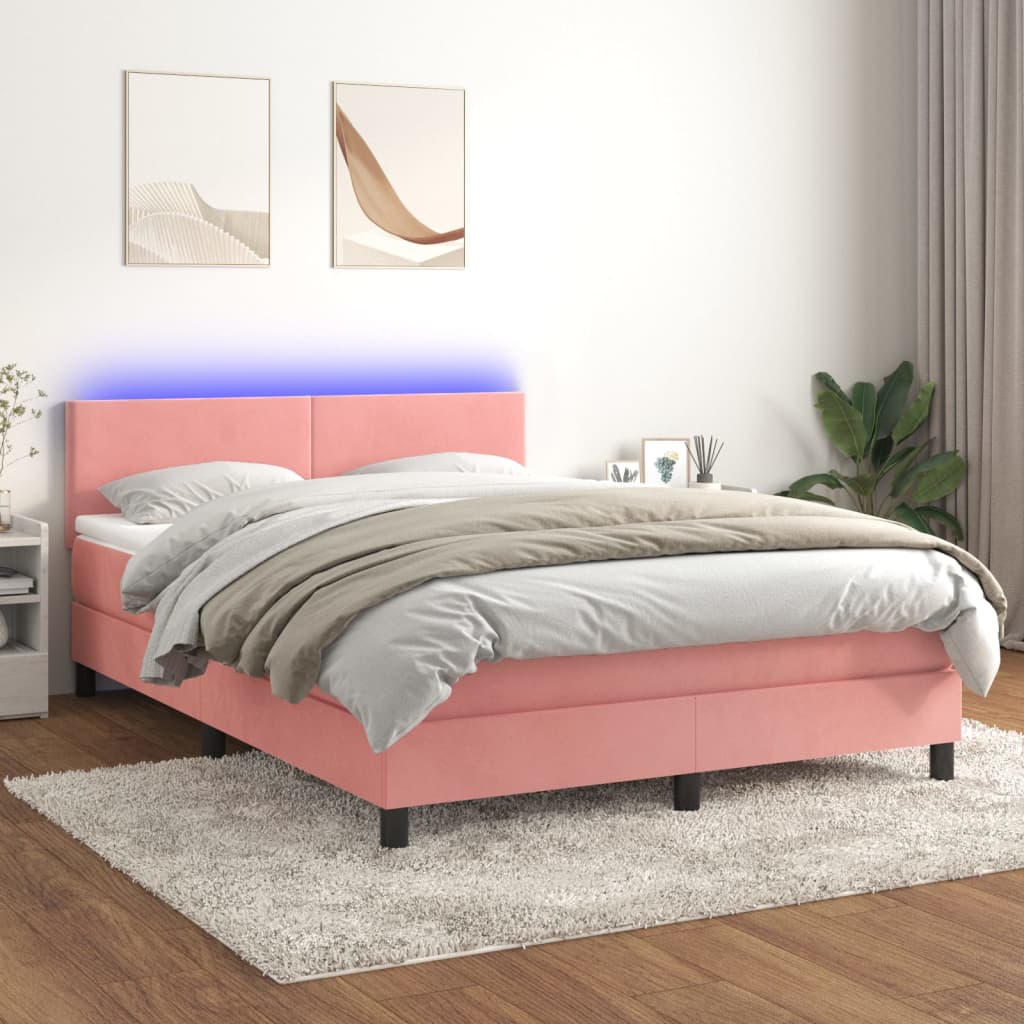 Box Spring Postel S Matrací A Led Růžová 140X200 Cm Samet