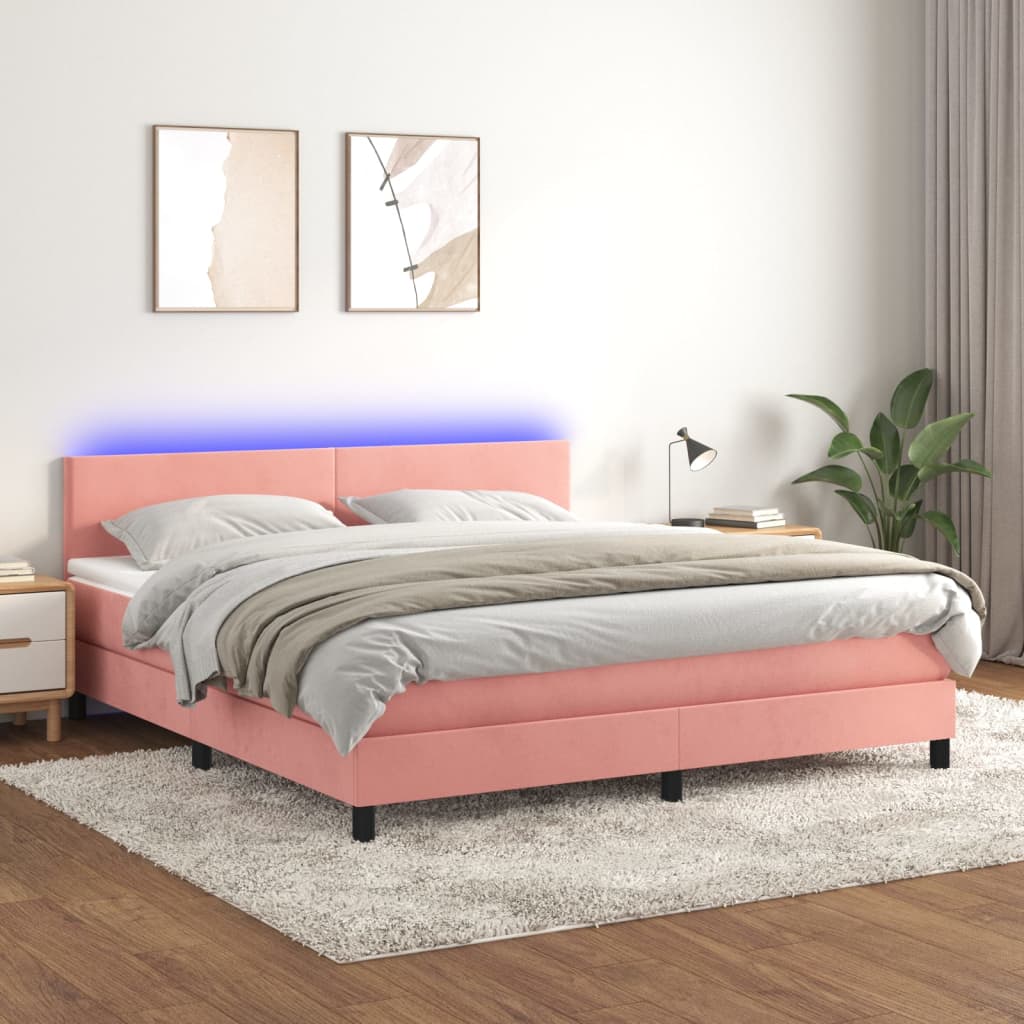 Box Spring Postel S Matrací A Led Růžová 160X200 Cm Samet
